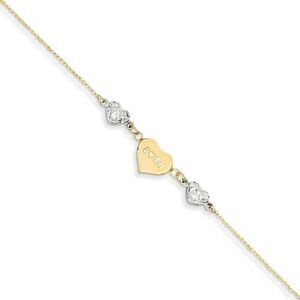 14k Two-Tone Gold Diamond-Cut Puffed and Love Heart Anklet, 9 Inch